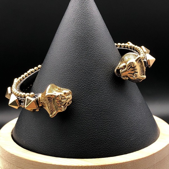Stella & Dot Bracelet Artemis Double Lion Head Gunmetal Gold Tone Stud Cuff Rare - Picture 2 of 9